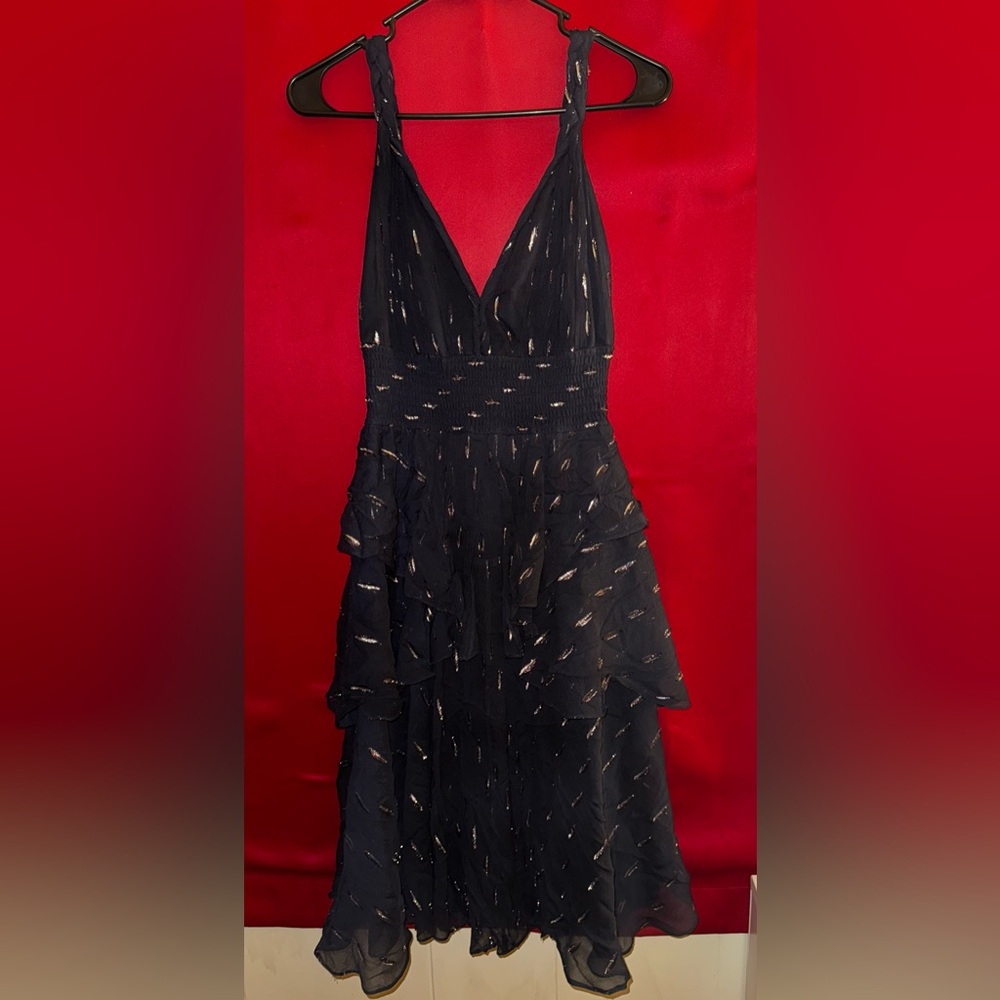#381-100% Silk Rebecca Taylor Navy Blue/Silver Design High Low Dress Size 4